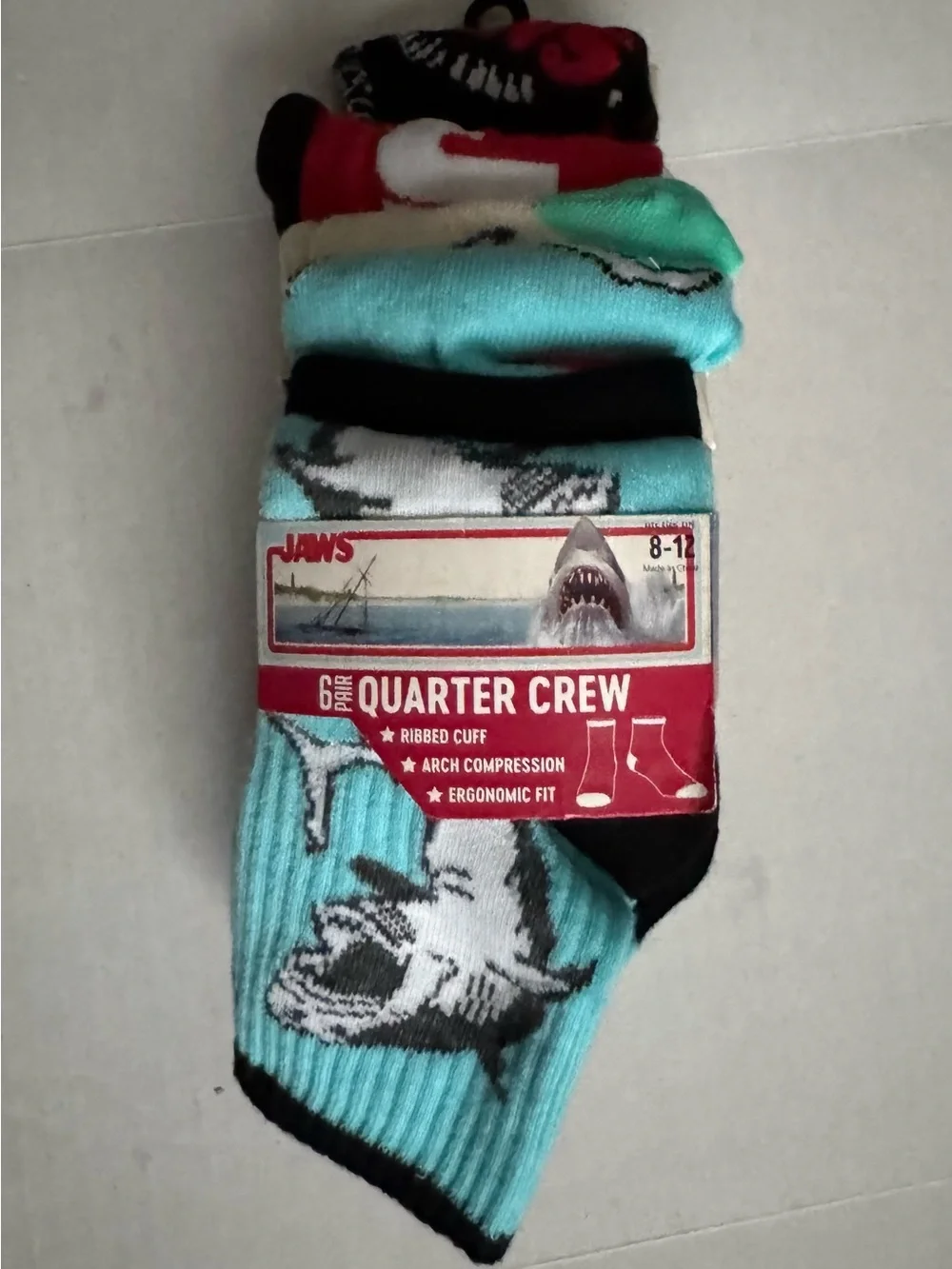 Jaws Men's Quarter Crew Ankle Socks, 6-Pack, Shoe Sizes 8-12